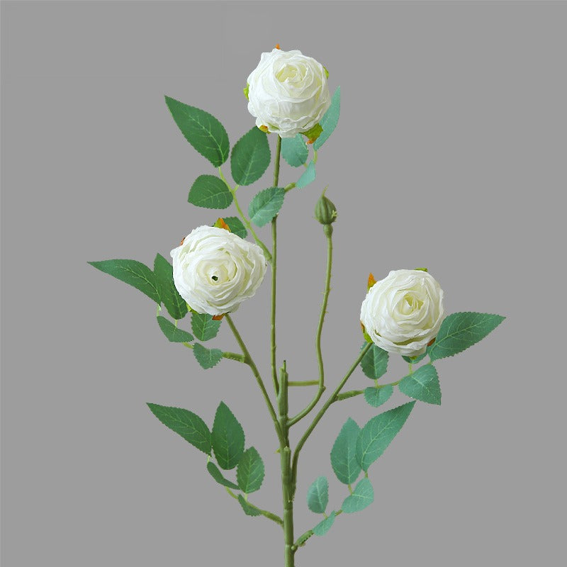 Artificial Silk 3-Head Ruffled Roses, Single Stem, 22" Long, Modern Home Decor, Wedding & Event Floral Arrangements