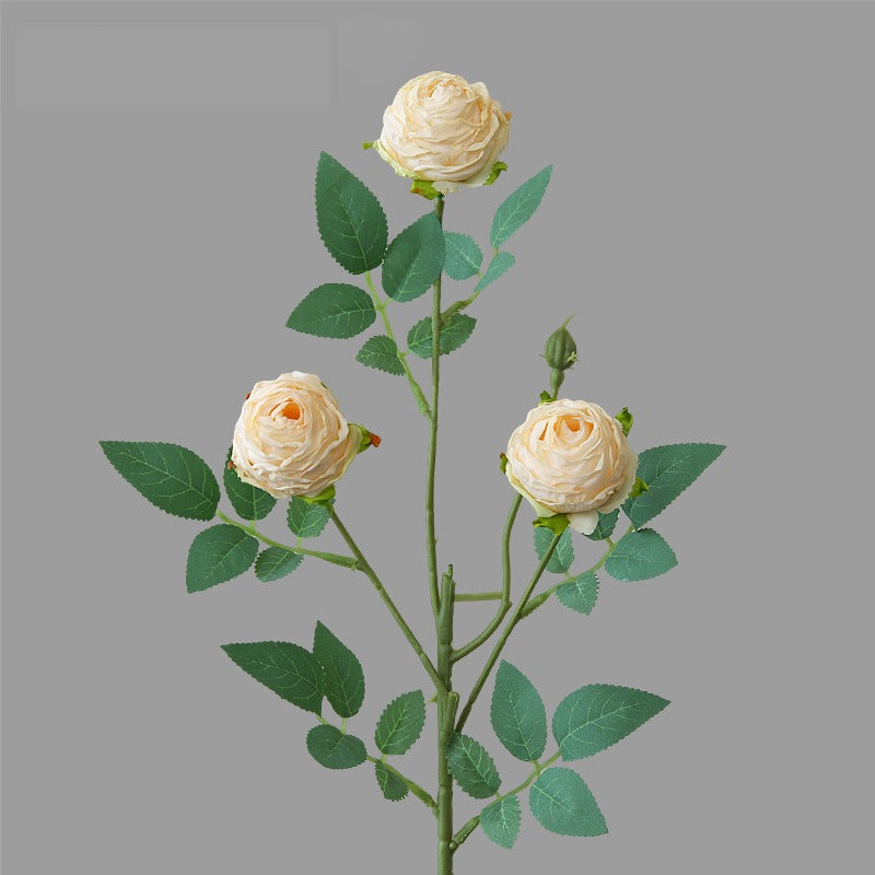 Artificial Silk 3-Head Ruffled Roses, Single Stem, 22" Long, Modern Home Decor, Wedding & Event Floral Arrangements