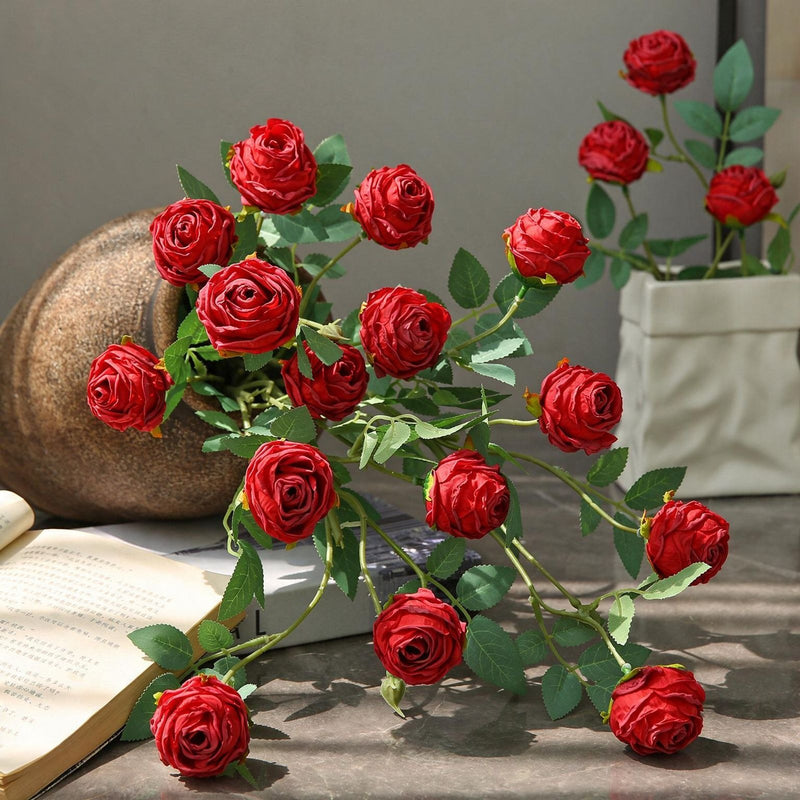 Artificial Silk 3-Head Ruffled Roses, Single Stem, 22" Long, Modern Home Decor, Wedding & Event Floral Arrangements