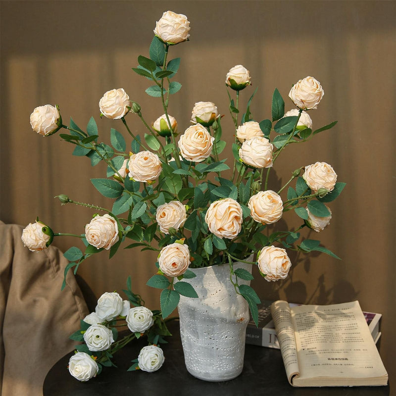 Artificial Silk 3-Head Ruffled Roses, Single Stem, 22" Long, Modern Home Decor, Wedding & Event Floral Arrangements