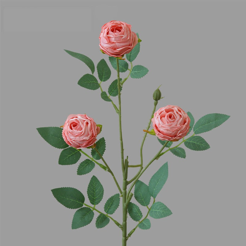 Artificial Silk 3-Head Ruffled Roses, Single Stem, 22" Long, Modern Home Decor, Wedding & Event Floral Arrangements