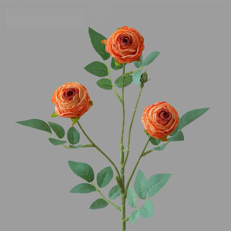 Artificial Silk 3-Head Ruffled Roses, Single Stem, 22" Long, Modern Home Decor, Wedding & Event Floral Arrangements