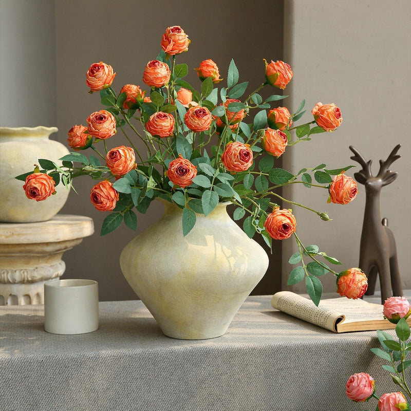 Artificial Silk 3-Head Ruffled Roses, Single Stem, 22" Long, Modern Home Decor, Wedding & Event Floral Arrangements