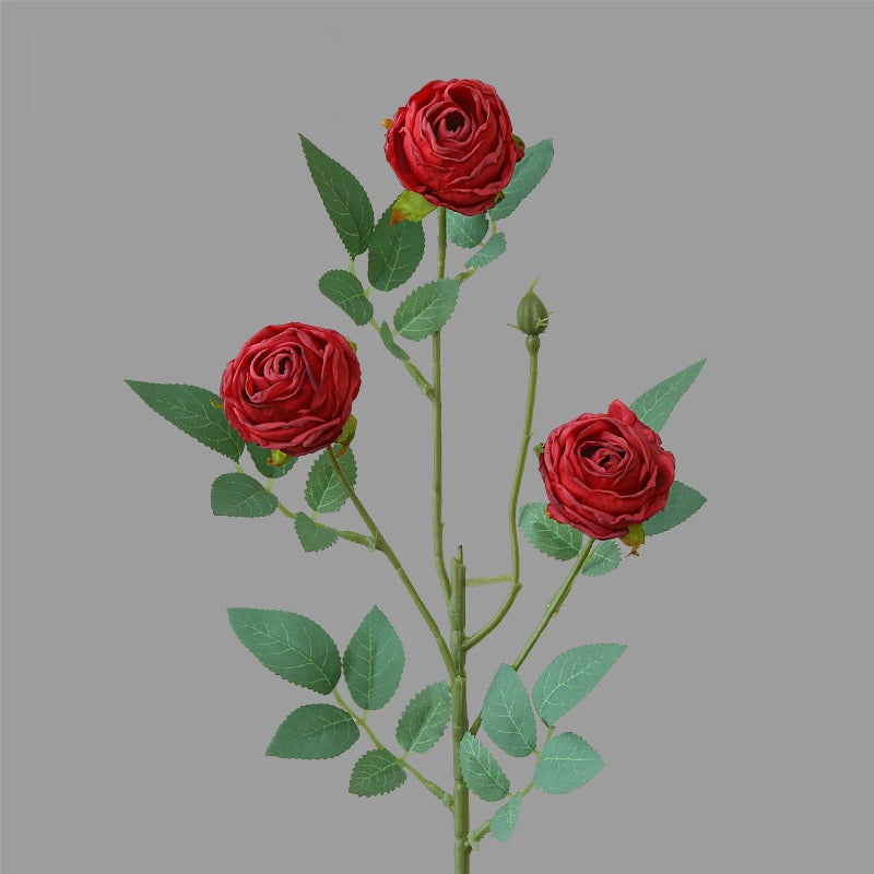 Artificial Silk 3-Head Ruffled Roses, Single Stem, 22" Long, Modern Home Decor, Wedding & Event Floral Arrangements