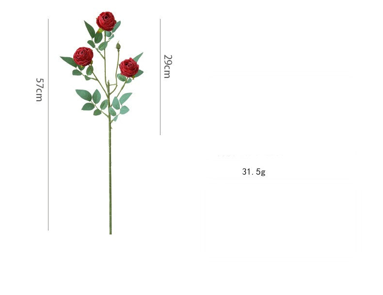Artificial Silk 3-Head Ruffled Roses, Single Stem, 22" Long, Modern Home Decor, Wedding & Event Floral Arrangements