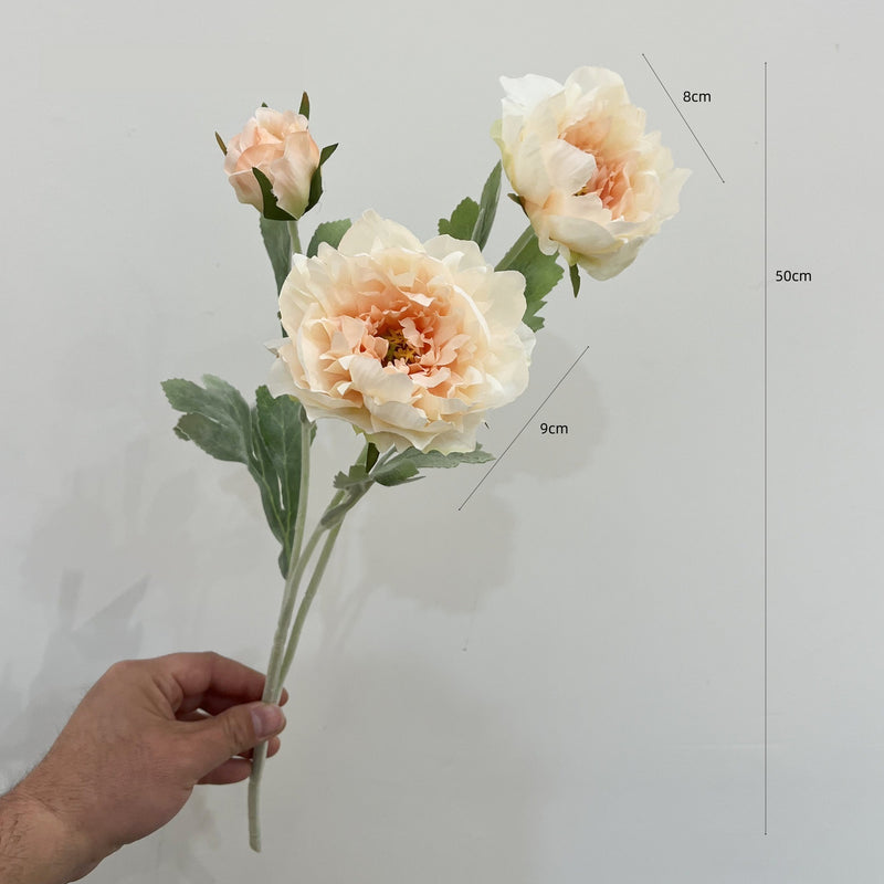 Single Stem Artificial Peony Flower, 3 Blooms, 20" Tall, Silk-Like Fabric, for Home Decor, Wedding, Event Arrangements