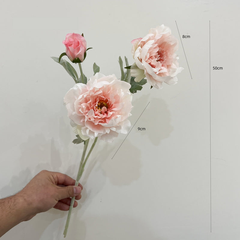 Single Stem Artificial Peony Flower, 3 Blooms, 20" Tall, Silk-Like Fabric, for Home Decor, Wedding, Event Arrangements