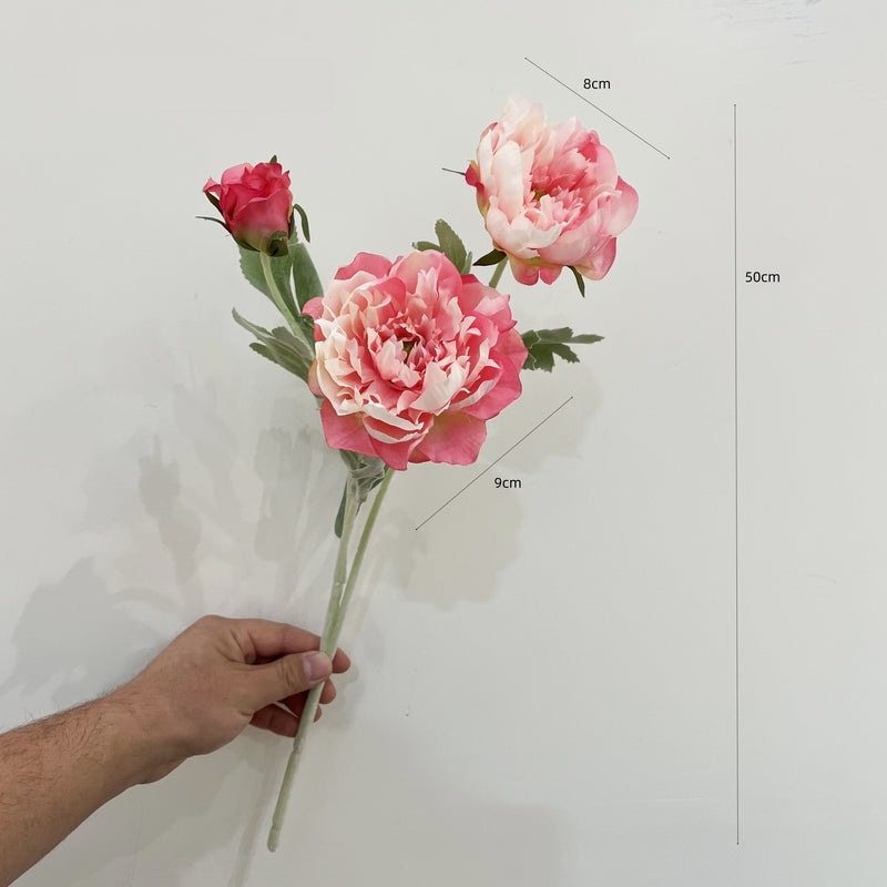 Single Stem Artificial Peony Flower, 3 Blooms, 20" Tall, Silk-Like Fabric, for Home Decor, Wedding, Event Arrangements