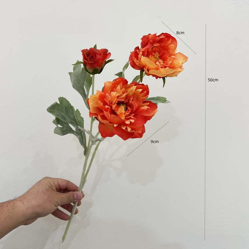 Single Stem Artificial Peony Flower, 3 Blooms, 20" Tall, Silk-Like Fabric, for Home Decor, Wedding, Event Arrangements
