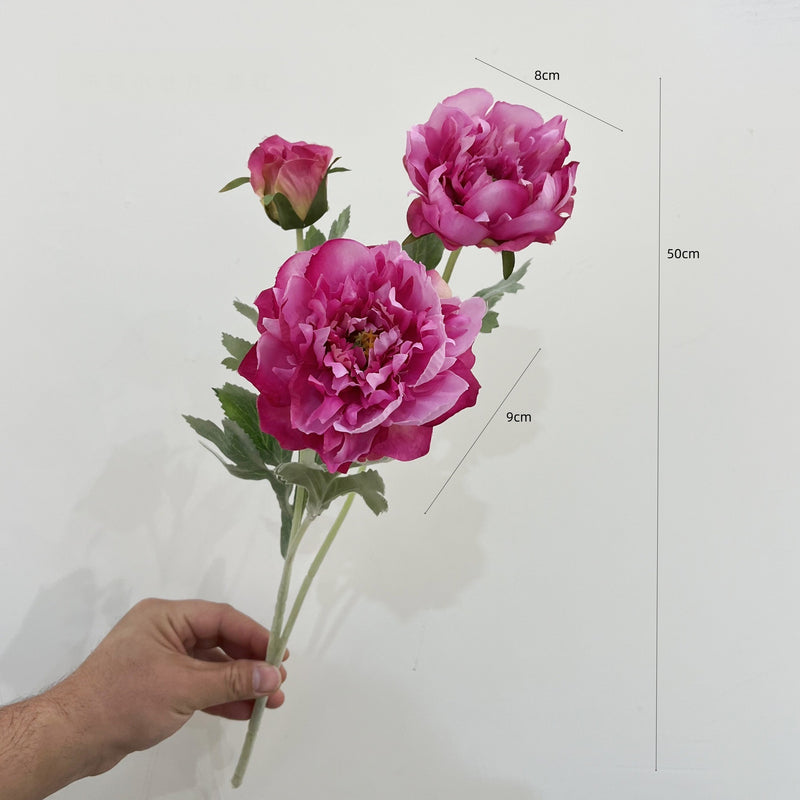 Single Stem Artificial Peony Flower, 3 Blooms, 20" Tall, Silk-Like Fabric, for Home Decor, Wedding, Event Arrangements