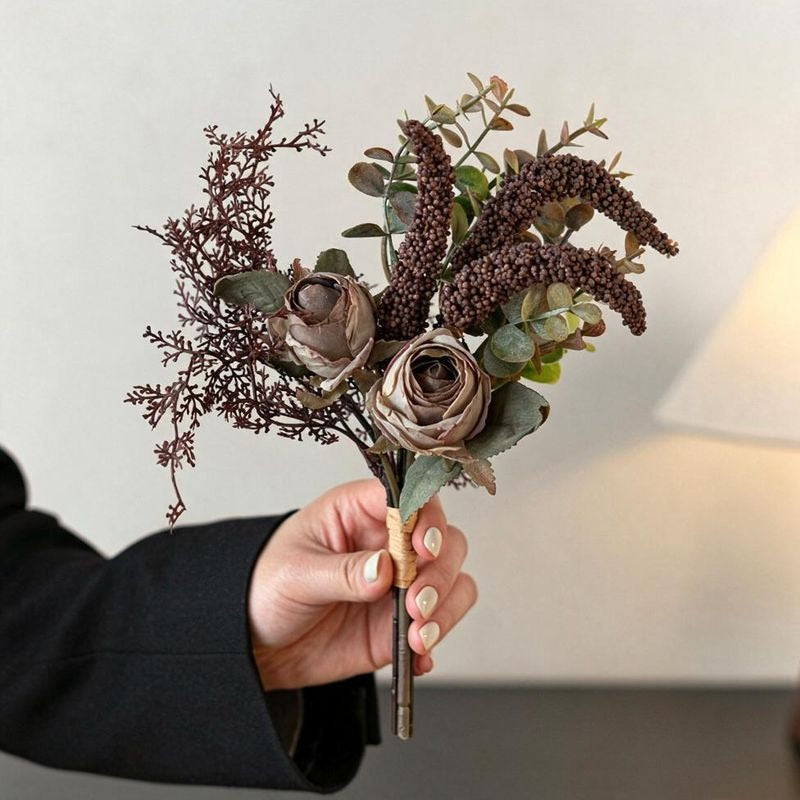 11" Modern Rose and Eucalyptus Silk-Like Bouquet, Perfect for Weddings and Home Decor