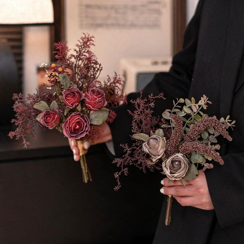 11" Modern Rose and Eucalyptus Silk-Like Bouquet, Perfect for Weddings and Home Decor