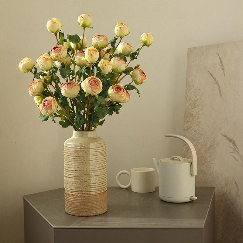 Artificial Tea Rose Bush with 3 Blooms, Silk-Like Fabric, 20" Tall, Modern Home Decor