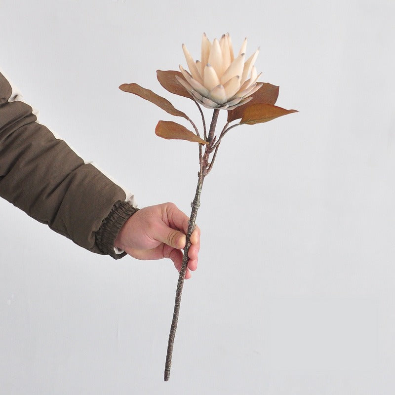 Single Stem Protea Artificial Flower, Caramel Tone, 20" Tall, Silk-like Fabric, Retro Home Decor
