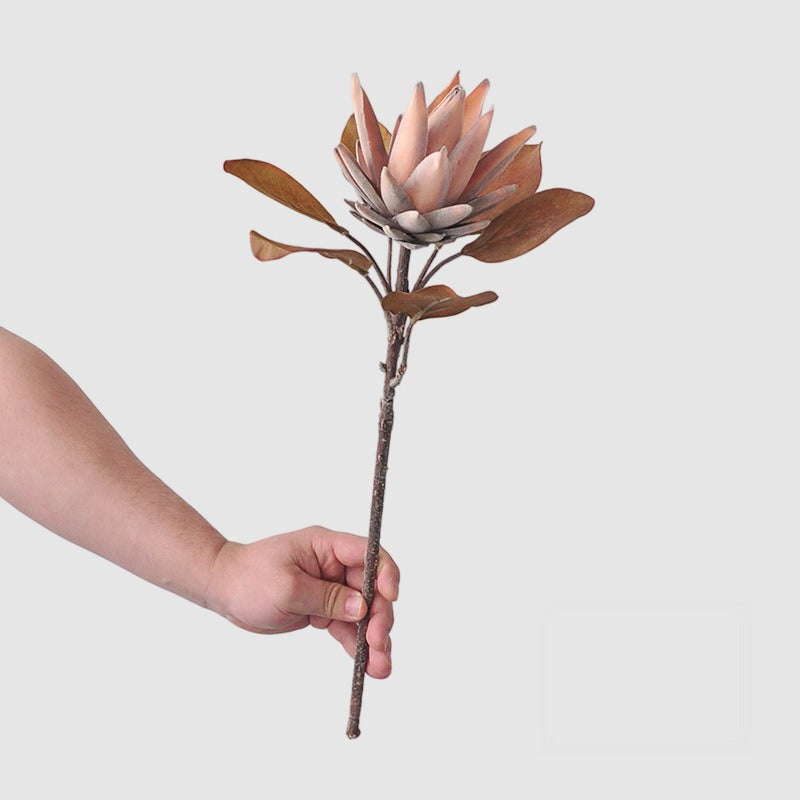 Single Stem Protea Artificial Flower, Caramel Tone, 20" Tall, Silk-like Fabric, Retro Home Decor