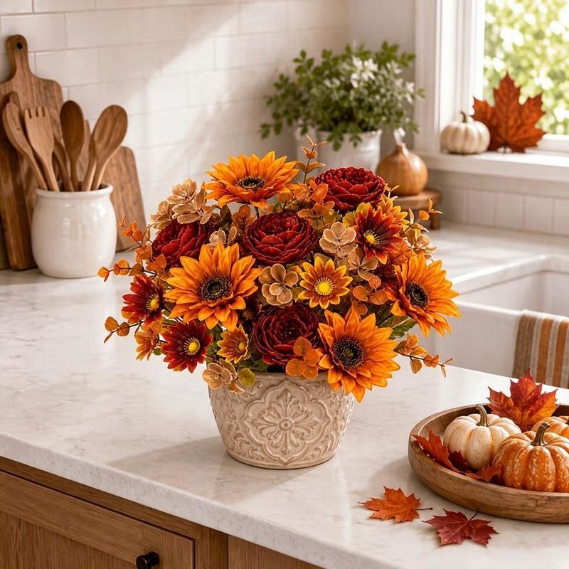 13" Sunflower Bush with 6 Blooms, Realistic Plastic Artificial Flowers for Home Decor, Weddings & Events