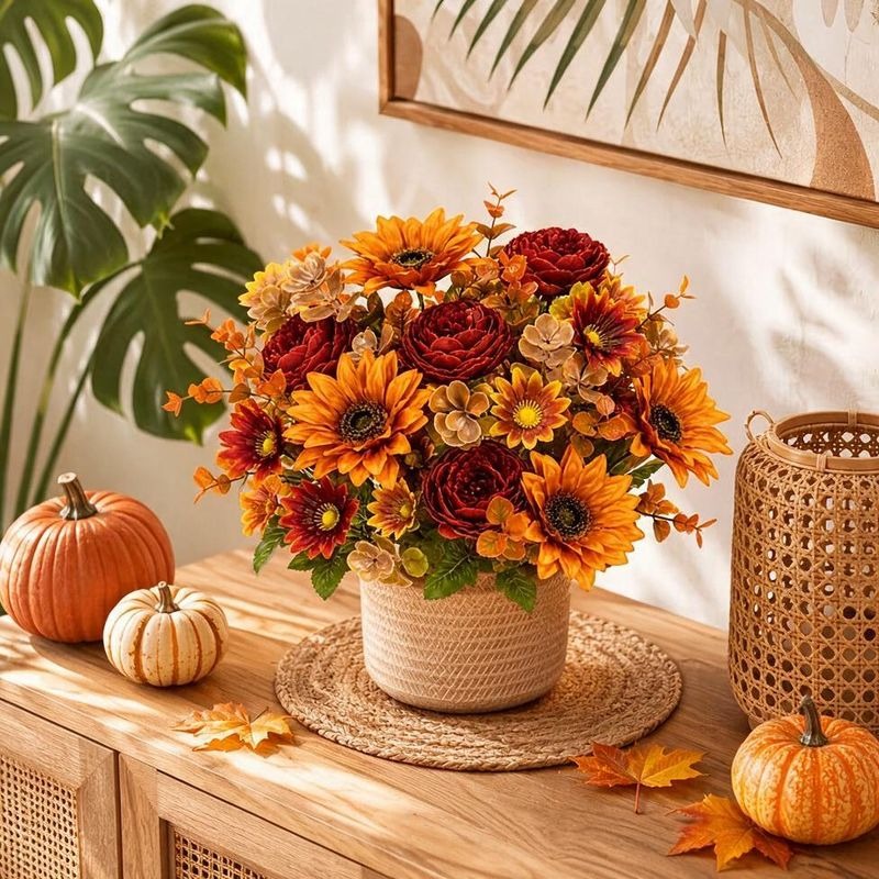 13" Sunflower Bush with 6 Blooms, Realistic Plastic Artificial Flowers for Home Decor, Weddings & Events