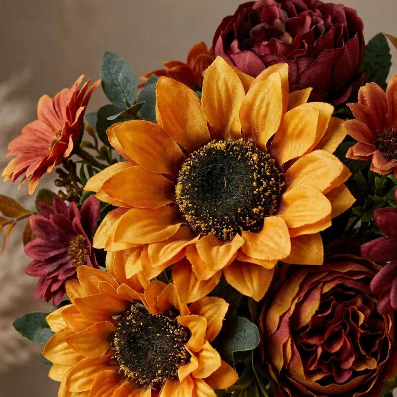 13" Sunflower Bush with 6 Blooms, Realistic Plastic Artificial Flowers for Home Decor, Weddings & Events