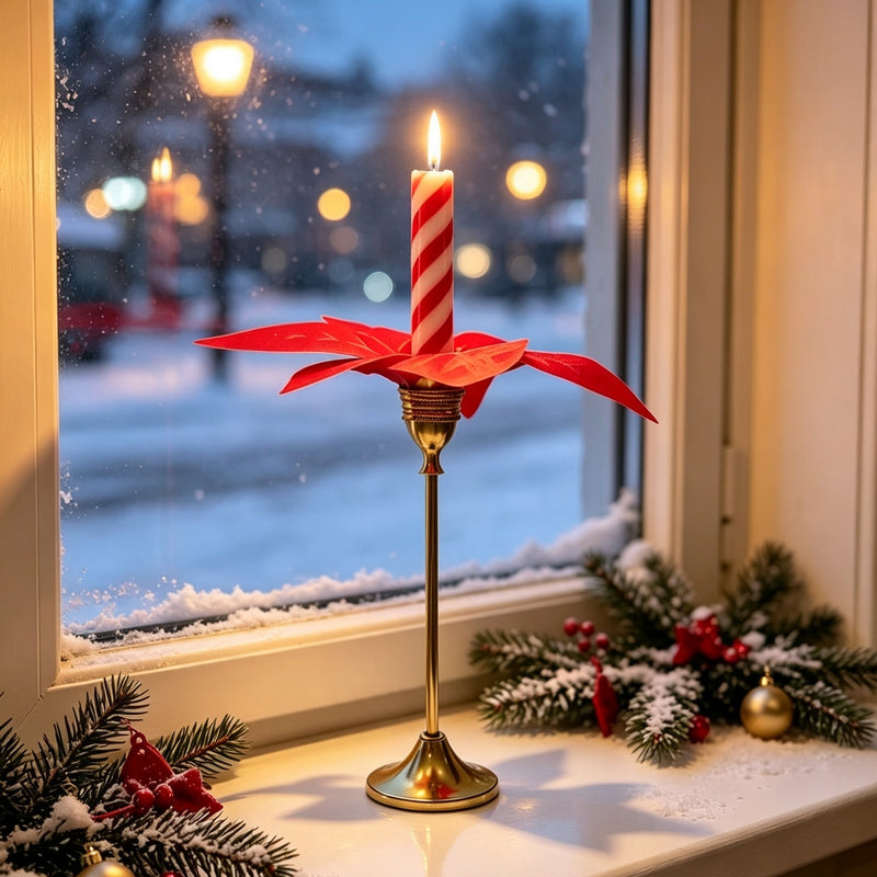 Brass Gold Taper Candle Holder with Faux Poinsettia, Christmas Table Decor, Holiday Centerpiece