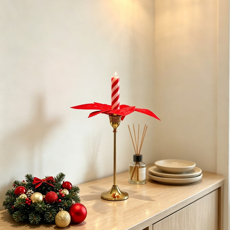 Brass Gold Taper Candle Holder with Faux Poinsettia, Christmas Table Decor, Holiday Centerpiece