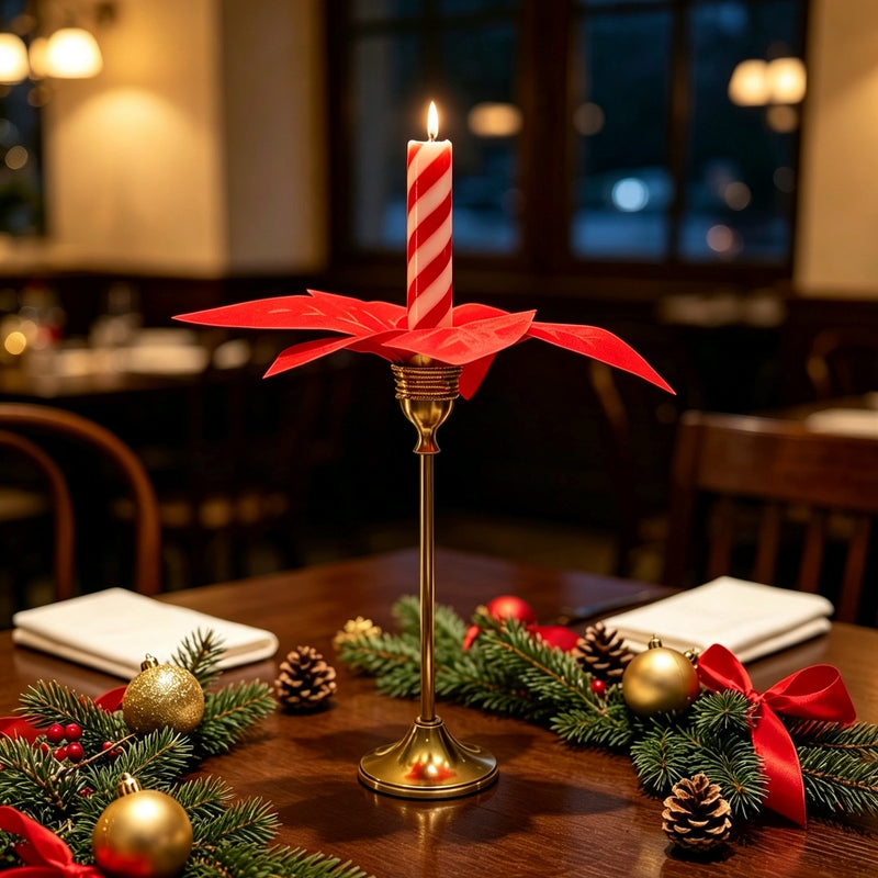 Brass Gold Taper Candle Holder with Faux Poinsettia, Christmas Table Decor, Holiday Centerpiece