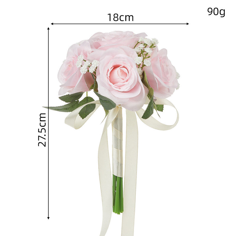 Bouquet with 6 Rose and Baby's Breath Blooms, Silk-Like Fabric, 11 Inches, Perfect for Weddings and Events