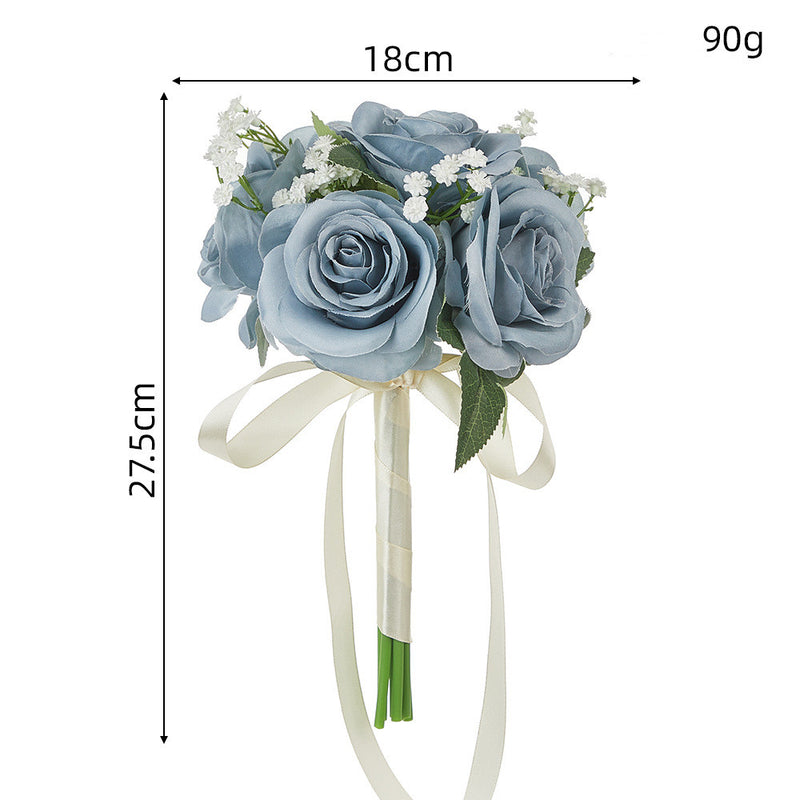 Bouquet with 6 Rose and Baby's Breath Blooms, Silk-Like Fabric, 11 Inches, Perfect for Weddings and Events