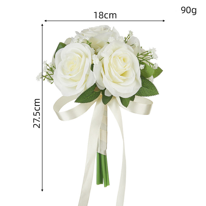 Bouquet with 6 Rose and Baby's Breath Blooms, Silk-Like Fabric, 11 Inches, Perfect for Weddings and Events