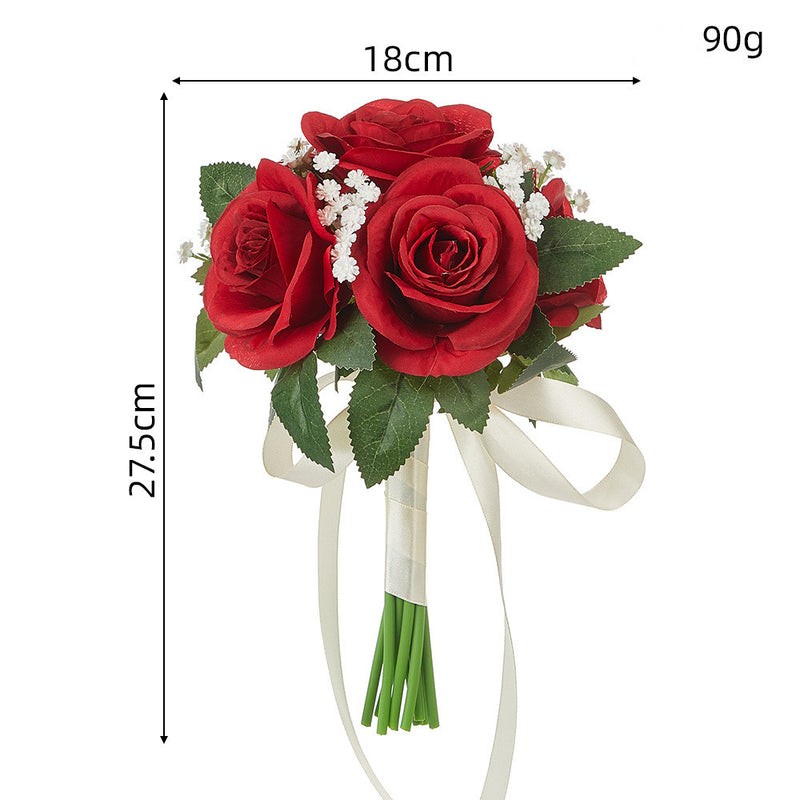 Bouquet with 6 Rose and Baby's Breath Blooms, Silk-Like Fabric, 11 Inches, Perfect for Weddings and Events