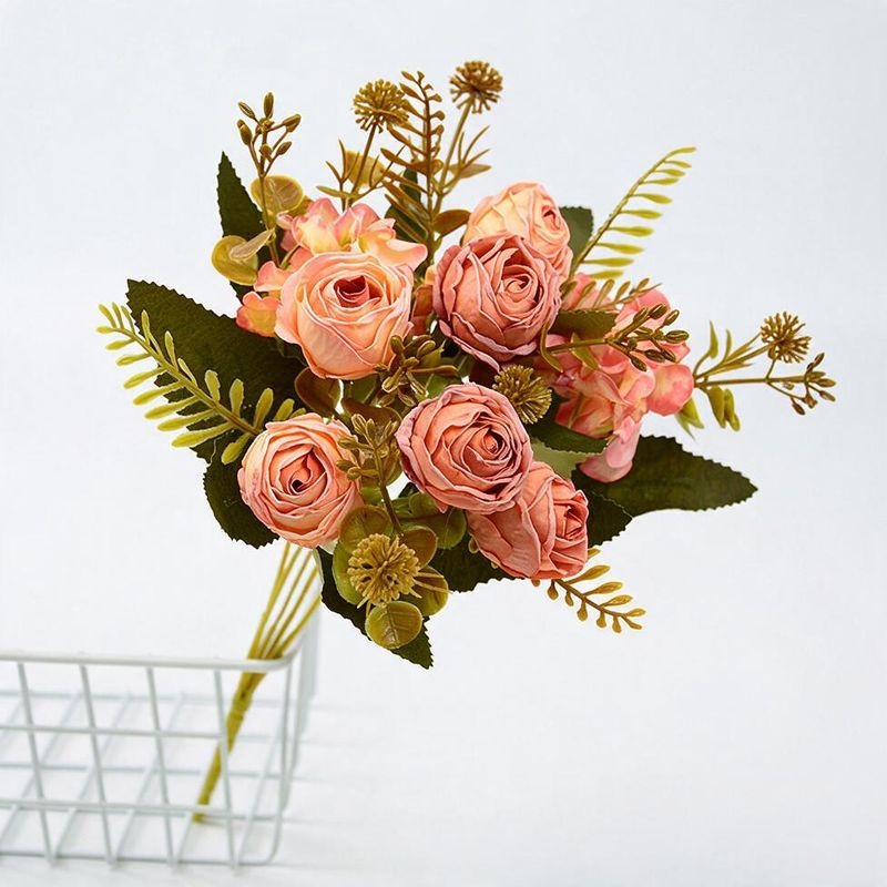 Artificial Silk Rose Bush with 6 Blooms, 12" Tall, Perfect for Weddings, Home Decor, and Events