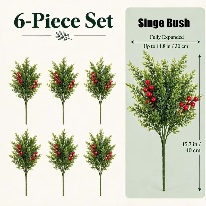Artificial Cedar Bush with Red Berries, 6-Stem Bendable Christmas Greenery for DIY Holiday Decor, 16" Tall