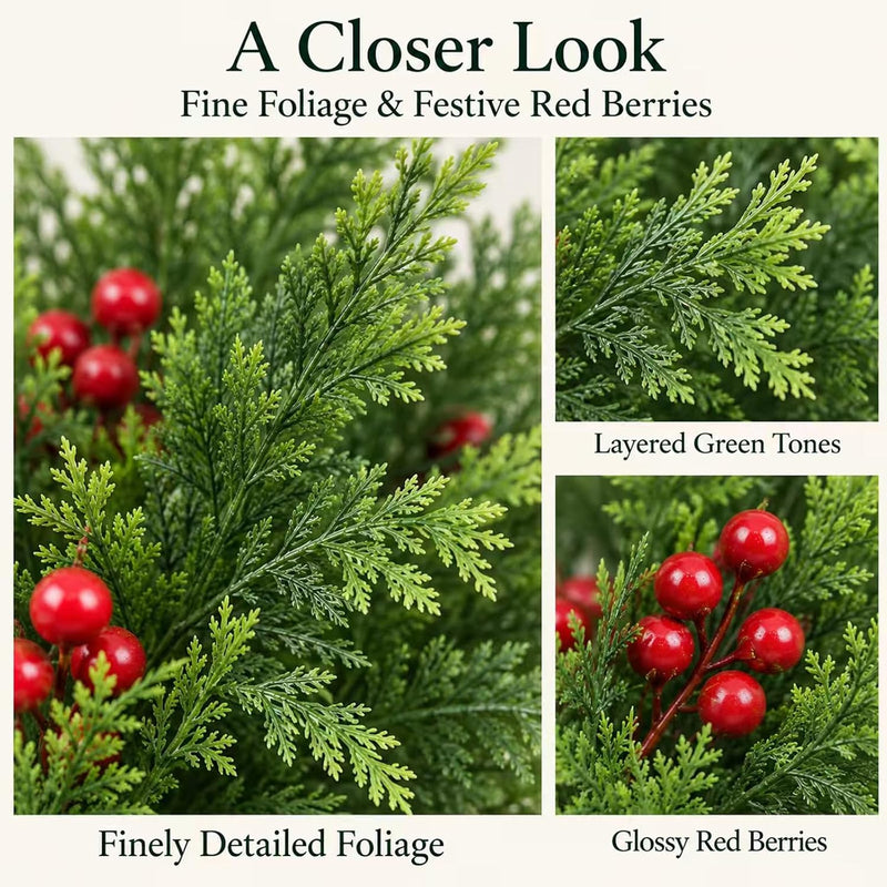 Artificial Cedar Bush with Red Berries, 6-Stem Bendable Christmas Greenery for DIY Holiday Decor, 16" Tall