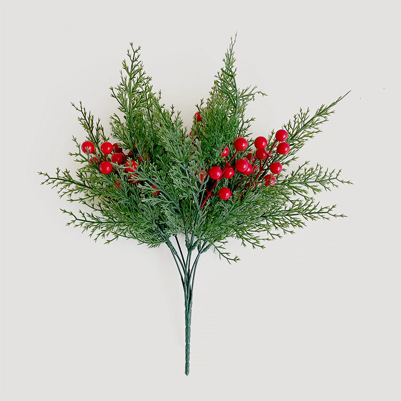 Artificial Cedar Bush with Red Berries, 6-Stem Bendable Christmas Greenery for DIY Holiday Decor, 16" Tall