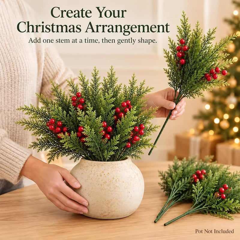 Artificial Cedar Bush with Red Berries, 6-Stem Bendable Christmas Greenery for DIY Holiday Decor, 16" Tall