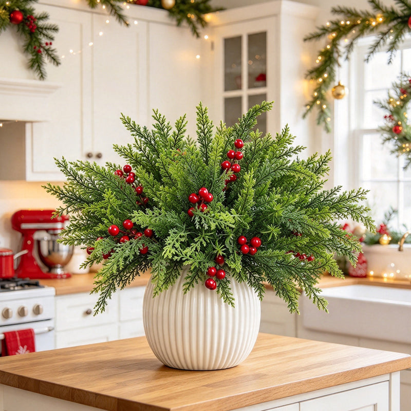 Artificial Cedar Bush with Red Berries, 6-Stem Bendable Christmas Greenery for DIY Holiday Decor, 16" Tall