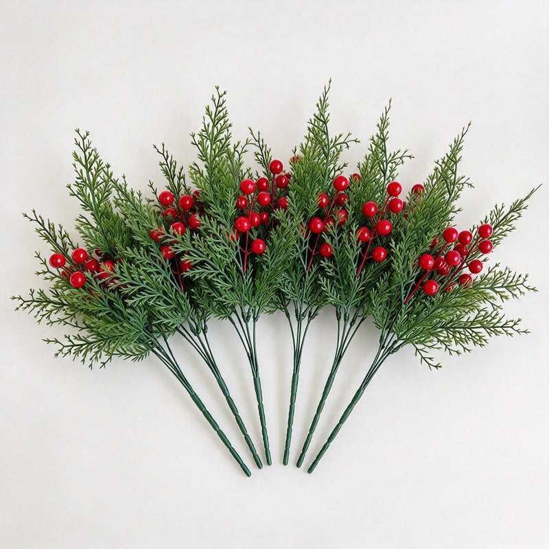 Artificial Cedar Bush with Red Berries, 6-Stem Bendable Christmas Greenery for DIY Holiday Decor, 16" Tall