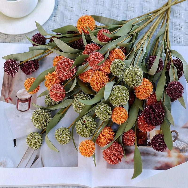 Artificial Chrysanthemum Ball Flowers, Set of 5 Bush Stems with 6 Blooms Each, 16.5" Faux Silk Fall Florals for Wedding Centerpieces & Home Decor