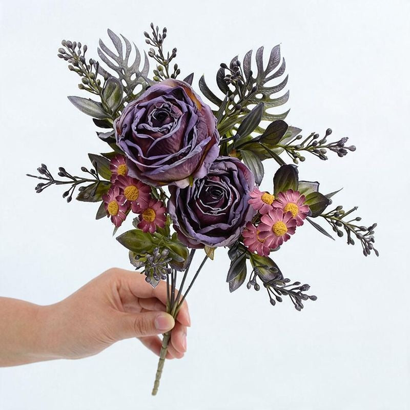 Artificial Rose and Daisy Bouquet, 12-Bloom Bush, 12" Tall, Perfect for Weddings, Home Decor, and Events