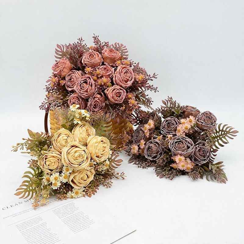 Artificial Rose and Daisy Bouquet, 12-Bloom Bush, 12" Tall, Perfect for Weddings, Home Decor, and Events