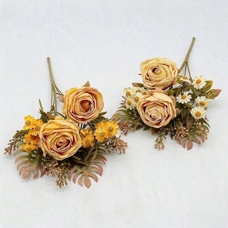Artificial Rose and Daisy Bouquet, 12-Bloom Bush, 12" Tall, Perfect for Weddings, Home Decor, and Events
