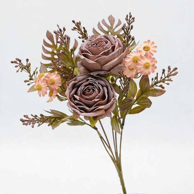 Artificial Rose and Daisy Bouquet, 12-Bloom Bush, 12" Tall, Perfect for Weddings, Home Decor, and Events