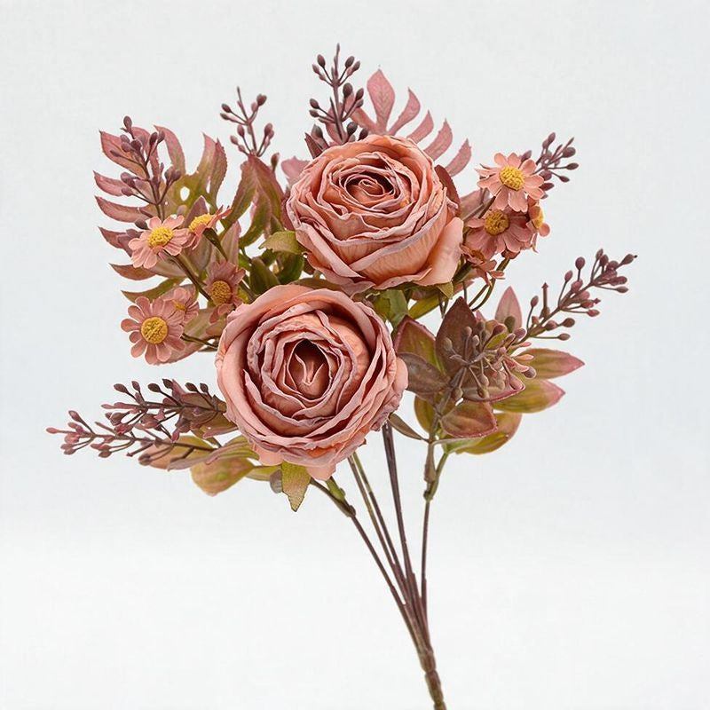 Artificial Rose and Daisy Bouquet, 12-Bloom Bush, 12" Tall, Perfect for Weddings, Home Decor, and Events