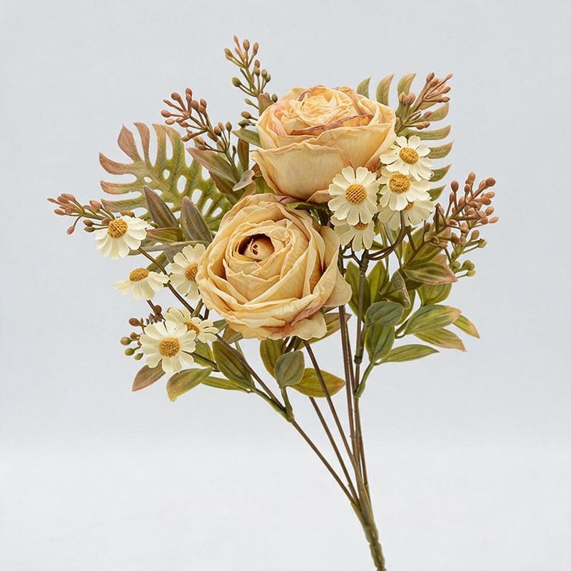 Artificial Rose and Daisy Bouquet, 12-Bloom Bush, 12" Tall, Perfect for Weddings, Home Decor, and Events