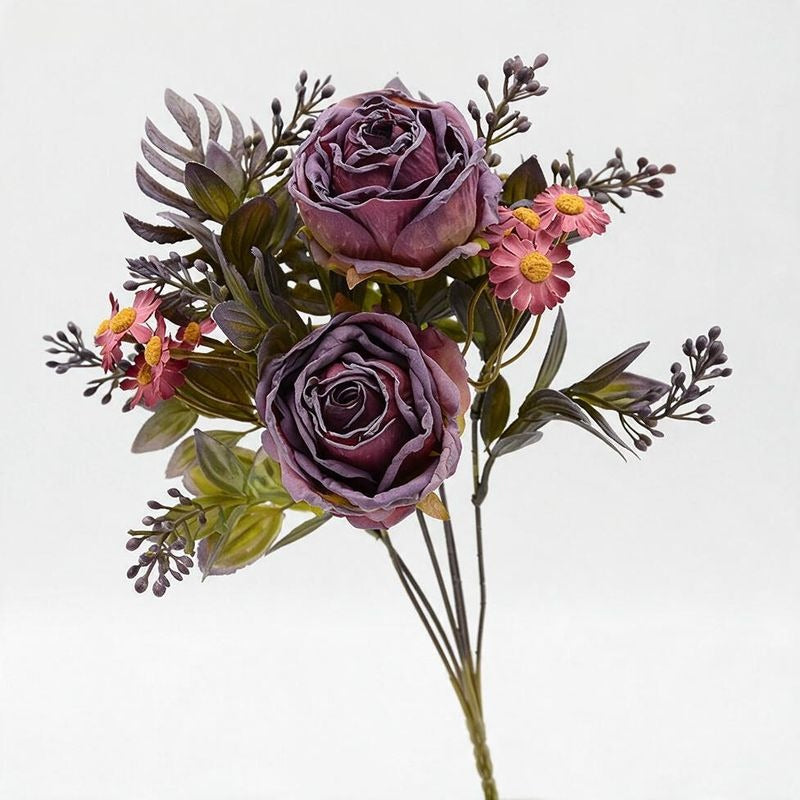 Artificial Rose and Daisy Bouquet, 12-Bloom Bush, 12" Tall, Perfect for Weddings, Home Decor, and Events