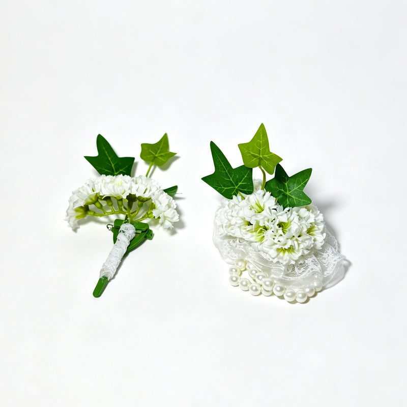 Forget-Me-Not Boutonniere and Wrist Corsage Set, Silk-Like Fabric, White, Perfect for Weddings and Parties