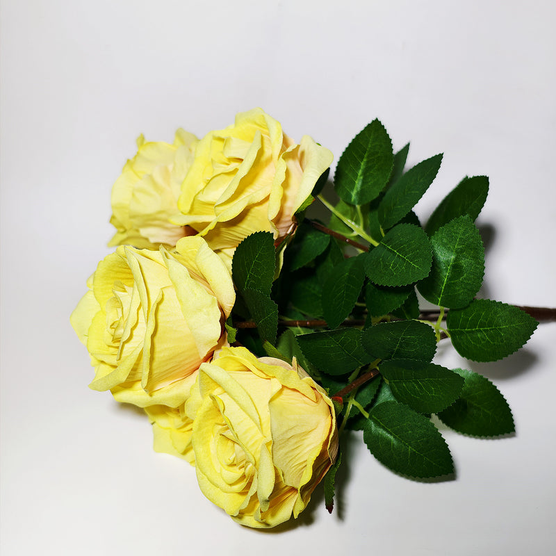 Artificial Silk-Like Yellow Rose Bush with 6 Blooms, 16" Tall, Perfect for Weddings, Home Decor, and Events