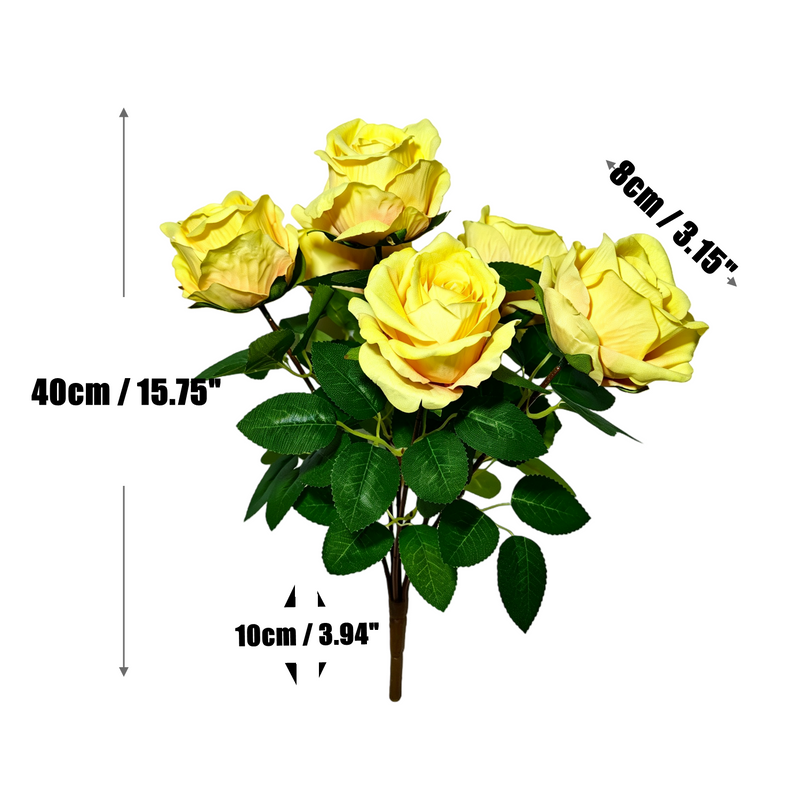 Artificial Silk-Like Yellow Rose Bush with 6 Blooms, 16" Tall, Perfect for Weddings, Home Decor, and Events