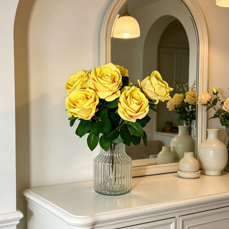 Artificial Silk-Like Yellow Rose Bush with 6 Blooms, 16" Tall, Perfect for Weddings, Home Decor, and Events