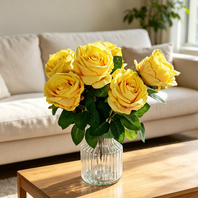 Artificial Silk-Like Yellow Rose Bush with 6 Blooms, 16" Tall, Perfect for Weddings, Home Decor, and Events