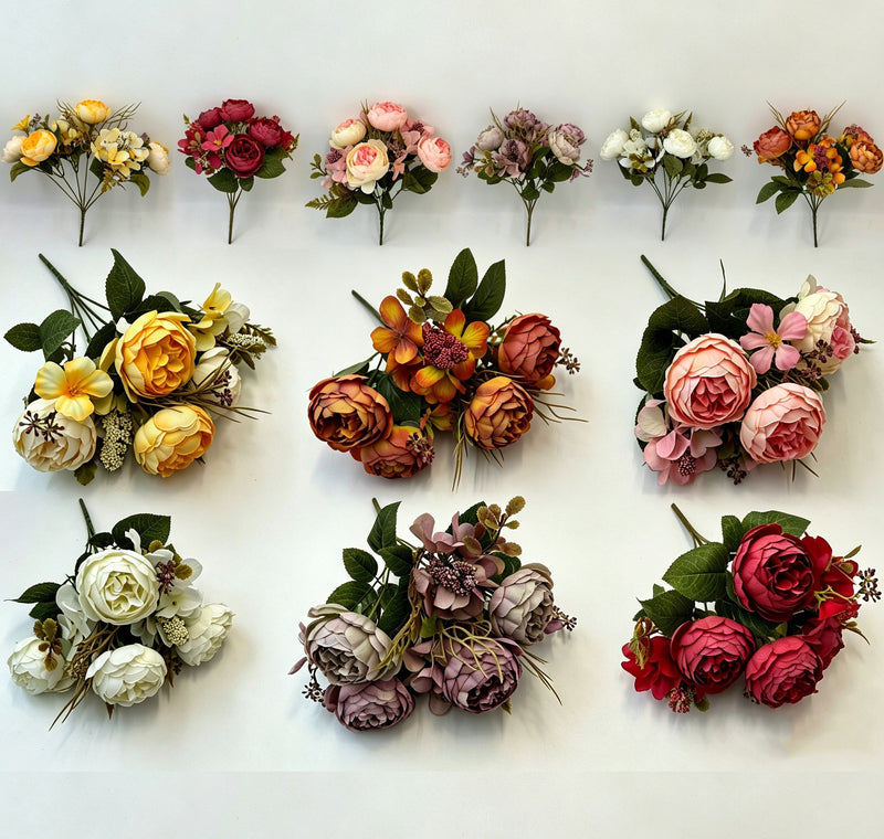 Artificial Peony Bush with 6 Blooms, Indoor Decorative Floral Arrangement for Weddings, Home Decor, 12" Tall